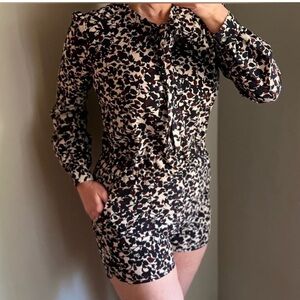 Loft Romper with tie at neck.  Beautiful colors of Burgundy, Navy Blue and beige